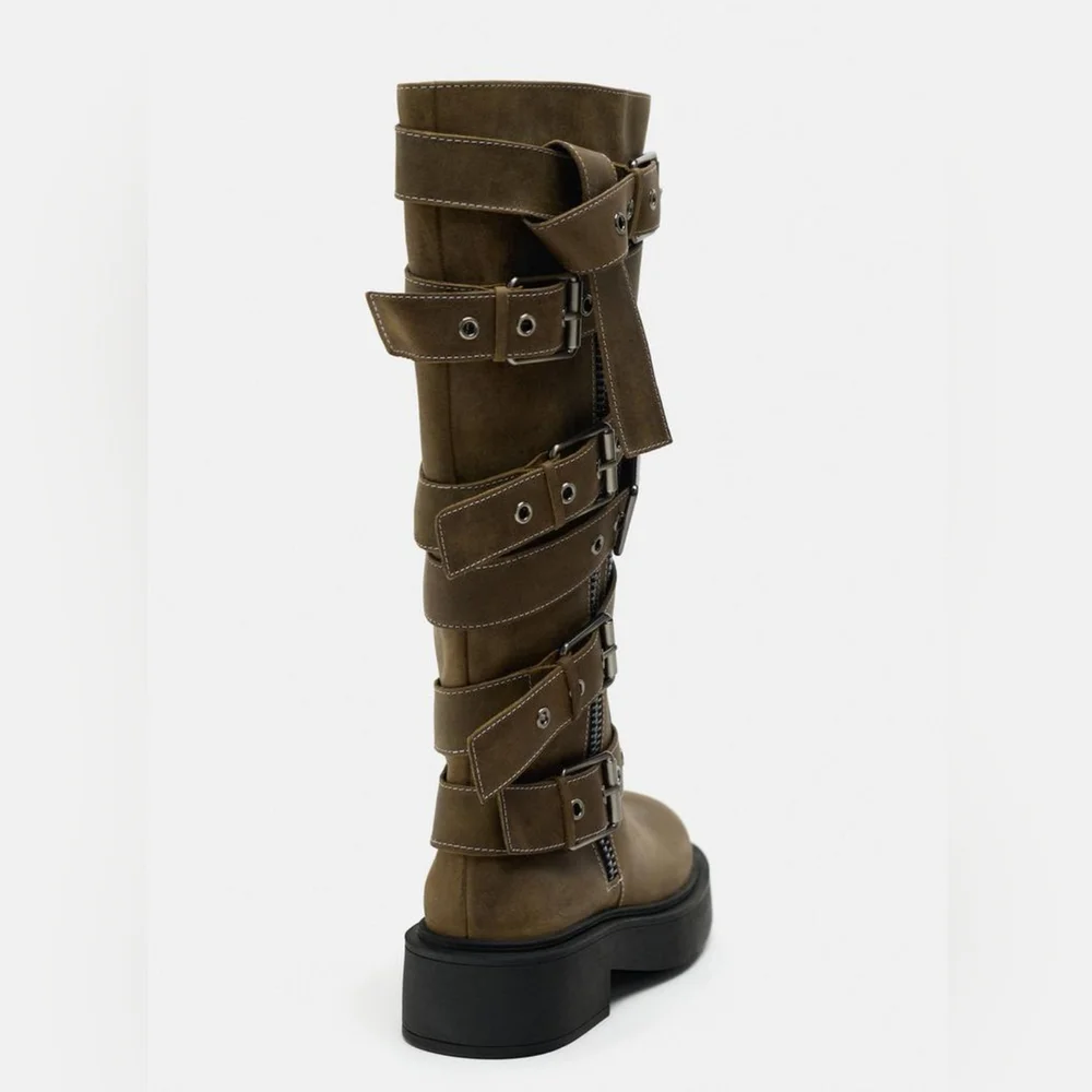RARE ZARA BUCKLED LEATHER KNEE HIGH BOOTS NWT